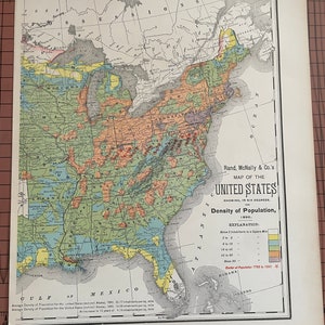 1890 年の米国東部の人口密度、アンティーク カラー マップ Rand McNally 1899 年頃 世界地図帳 オリジナル ワックス エッチング プリント