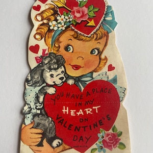 Girl with Puppy &quot;Place in my Heart&quot; Kitsch Vintage Valentine Greeting Card c 1950s Unused New Old Stock Fuld and Co Lustre Brite