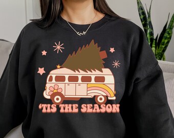 Hippie Bus Christmas Holiday Crew Sweatshirt Boho Retro Vintage Groovy Van Adult Clothing on Gildan Shirt