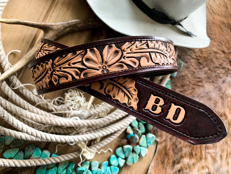 Two-tone Floral Tooled Leather Belt - Etsy