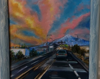 8X10 Original, Framed Oil Painting oil painting of a street at sunset, cityscape, gallery wall, small painting, original art, impressionism