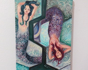 9X12 Original Mermaid Oil Painting on Stretched Canvas, Ocean Art, Teal Decor, Beach House, Ocean Decor, Fine Art, Nautical, Sirens