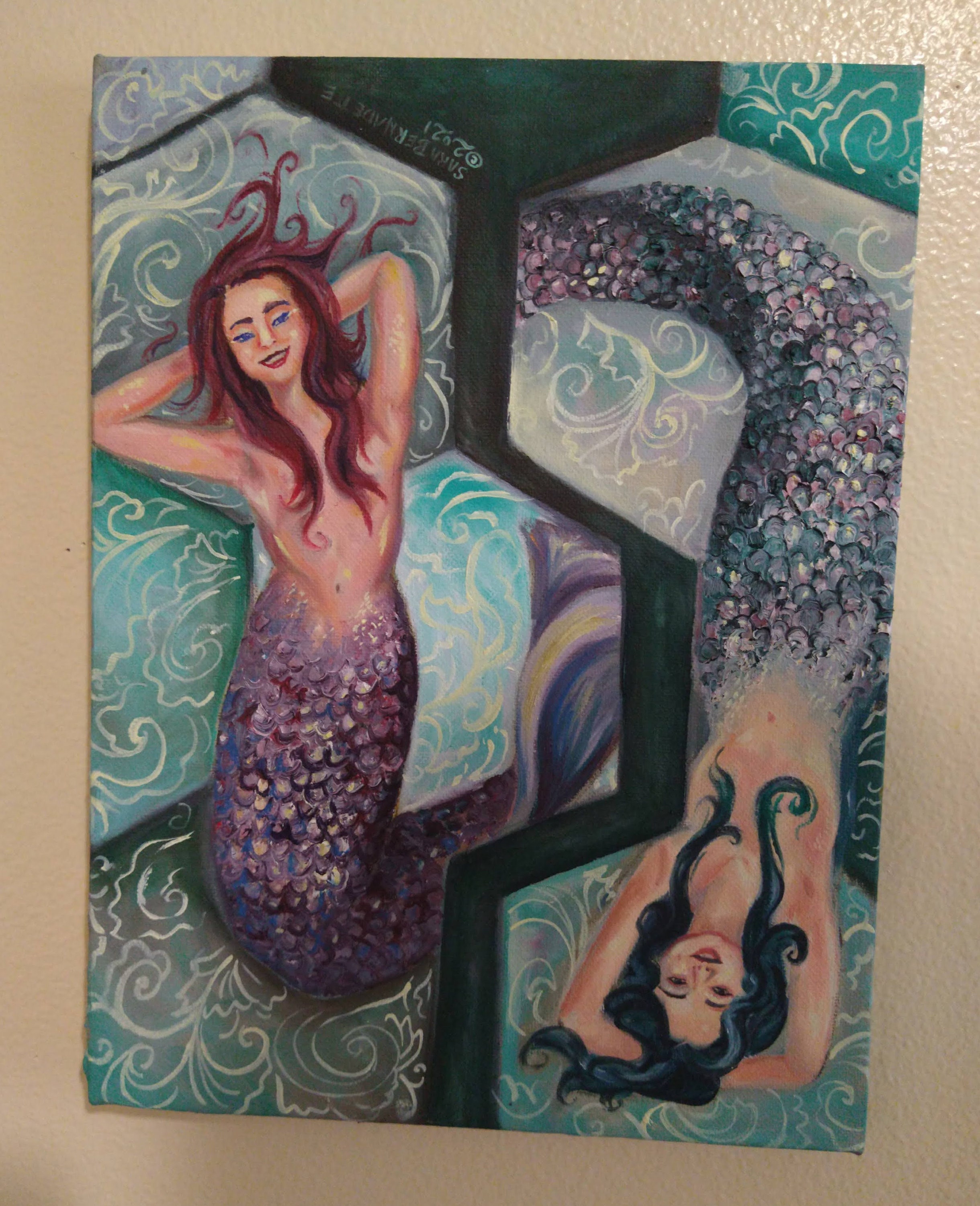 9X12 Original Mermaid Oil Painting on Stretched Canvas, Ocean Art, Teal