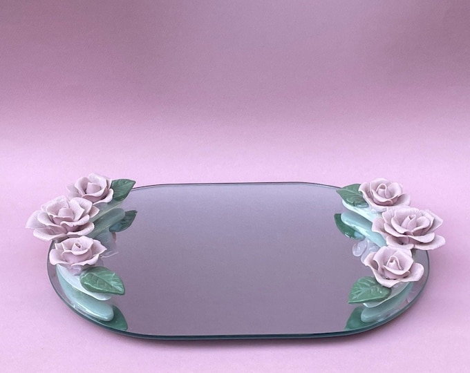 Vintage Mirrored Vanity Tray, Capodimonte Style Floral Vanity Tray