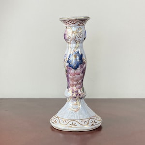 Vintage Chinoiserie Porcelain Candlestick Holder: Hand Painted Grape Motif