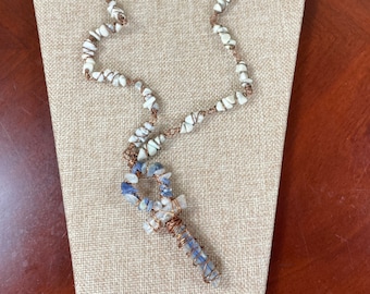 Vintage Jewelry, Handmade Gemstone Necklace, Wire Wrapped Jewelry, Boho Chic, Necklace with Ankh Pendant, Kyanite Crystal, Gift Idea