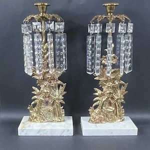 Vintage Candelabras, Antique Victorian Girandole French Crystal Candelabras, Hollywood Regency Candleholders, Brass Candleholders, Gift Idea