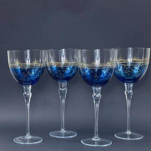 Wine Glasses, Colorful Wine Glasses, Set of Blue and Gold Wine Glasses, Elegant Wine Glasses, Stemware, Gift Idea, Gift for Mom