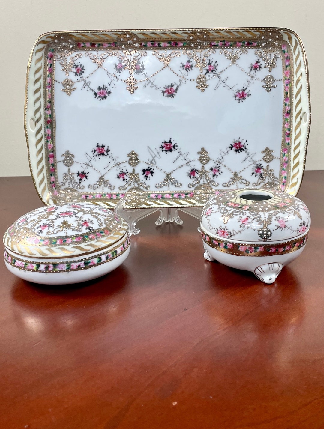 Nippon Vanity Tray Set Vintage Hand Painted Porcelain Vanity Etsy