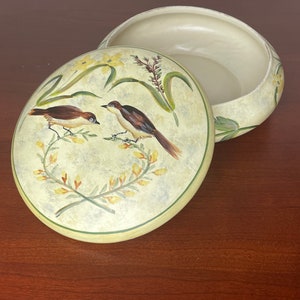 Vintage Hand Painted Porcelain Lidded Bowl: Birds & Flowers Trinket Dish