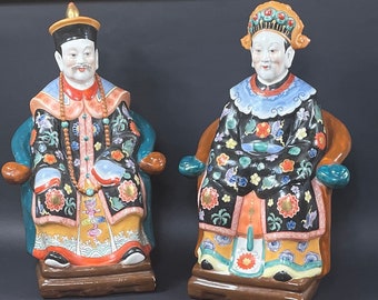 Vintage Emperor and Empress Figurines, Chinese Glazed Porcelain Figurines, Oriental Art, Chinese Pottery with Red Makers Mark Stamp