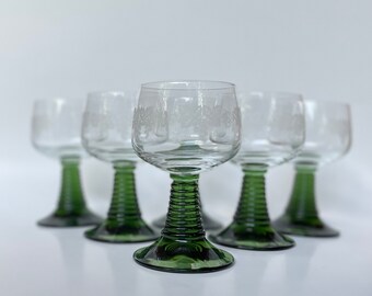 Antique German Rhine Rhein Roemer Green Stem Wine Glasses Etched Goblets. 