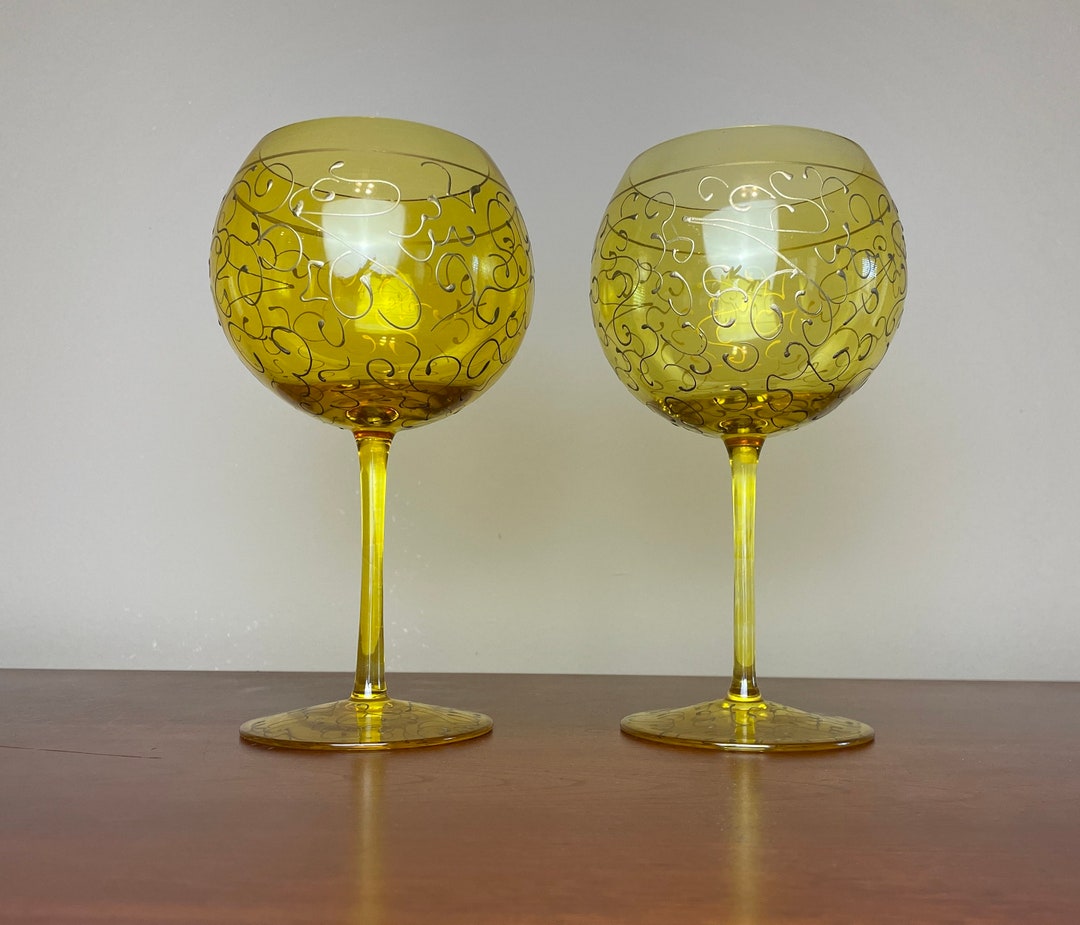 Vintage Wine Glasses, Yellow Balloon Wine Glasses With Hand Painted