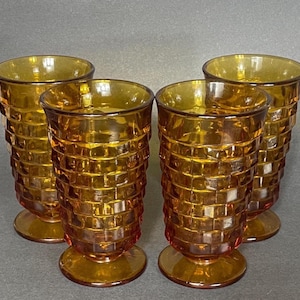 Vintage Amber Cubist Glasses - Colony Whitehall MCM Footed Tumblers, Set of 4