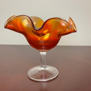 Vintage Marigold Carnival Glass Ruffled Compote Dish: Iridescent Candy Dish