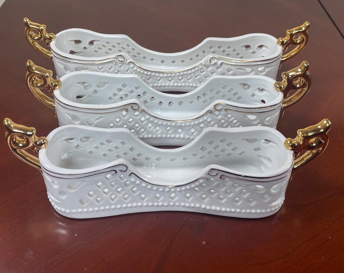 Porcelain Flatware Caddies, Set of 3 Flatware Caddies Trimmed in 24KT