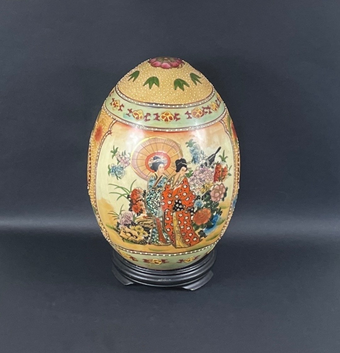 Japanese Satsuma Porcelain Egg, Vintage Japanese Decor, Hand Painted