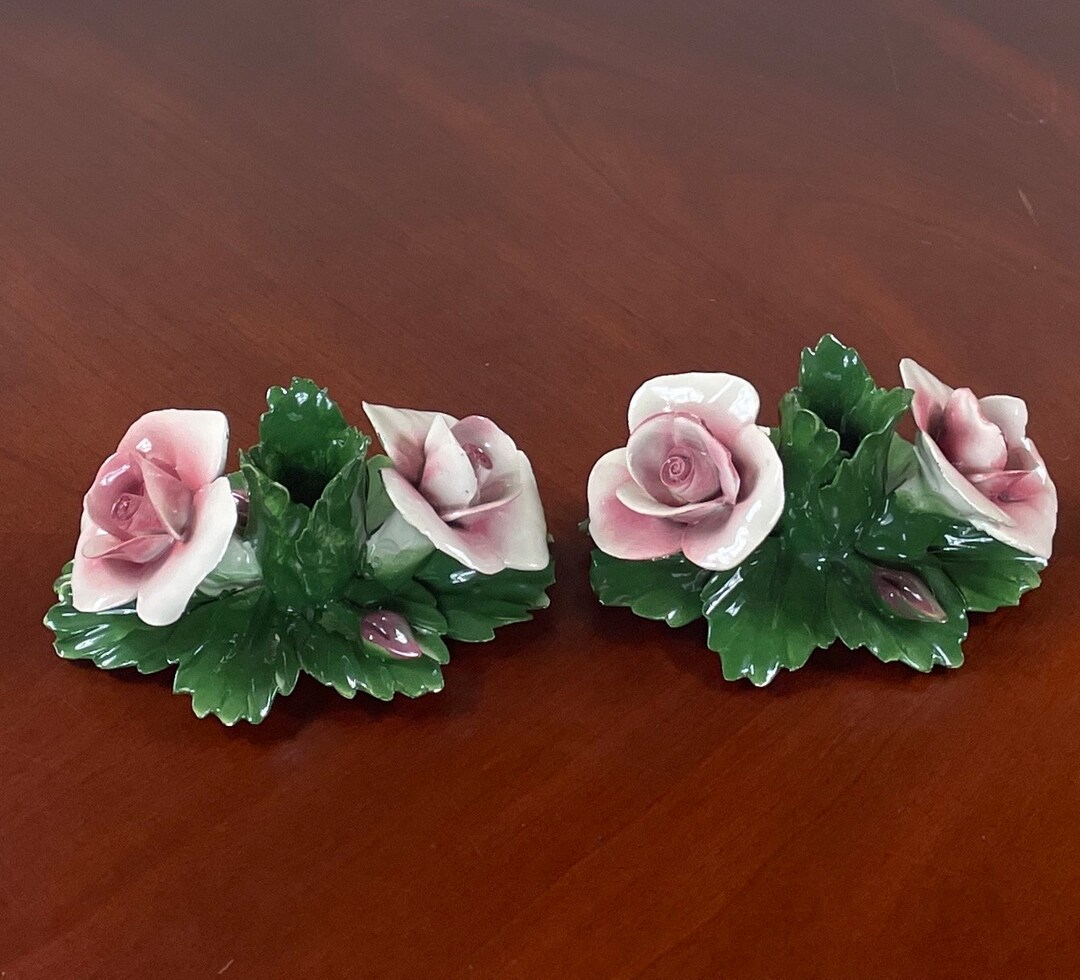 Candle Holders, Capodimonte Flowers, Vintage Nuova Capodimonte Rose
