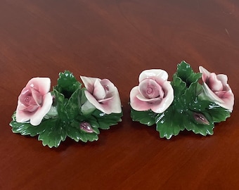 Vintage Nuova Capodimonte Rose Candle Holders: Hand-Painted Floral Candlestick Pair