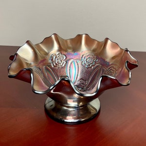 Antique Amethyst Carnival Glass Bowl: Dugan Double Rose, Iridescent Vintage Glassware