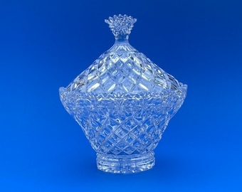 Vintage Crystal Candy Dish: Elegant Diamond Cut Lidded Bowl