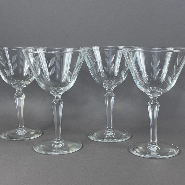 Wine Glasses, Vintage Stemware, Set of Libbey Wine Glasses in Leaf Pattern, Cocktail Glasses, Mid Century Barware, Glassware, Gift Idea