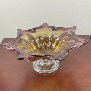 Art Glass, Vintage Glass Art, Murano Style Hand Blown Glass, Pedestal Bowl, Amethyst and Amber Colored Bowl, Gift Idea, Gift for Mom
