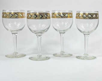 Mid Century Culver 22 KT Gold Rimmed Wine Glasses, Vintage Culver Valencia Pattern, Gold Trimmed Cocktail Glasses, Wine Gift Set, Gift idea