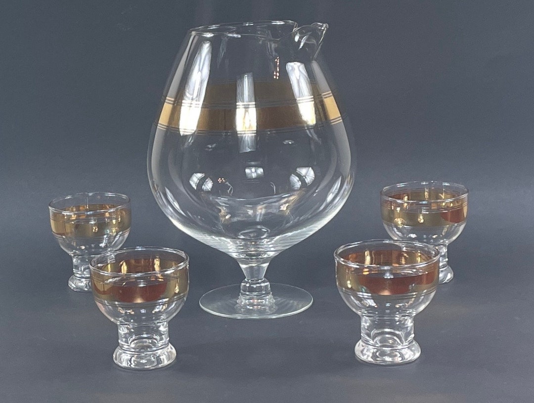 Brandy Snifter Set, Mid Century Barware Set, Vintage Gold Rim Dorothy