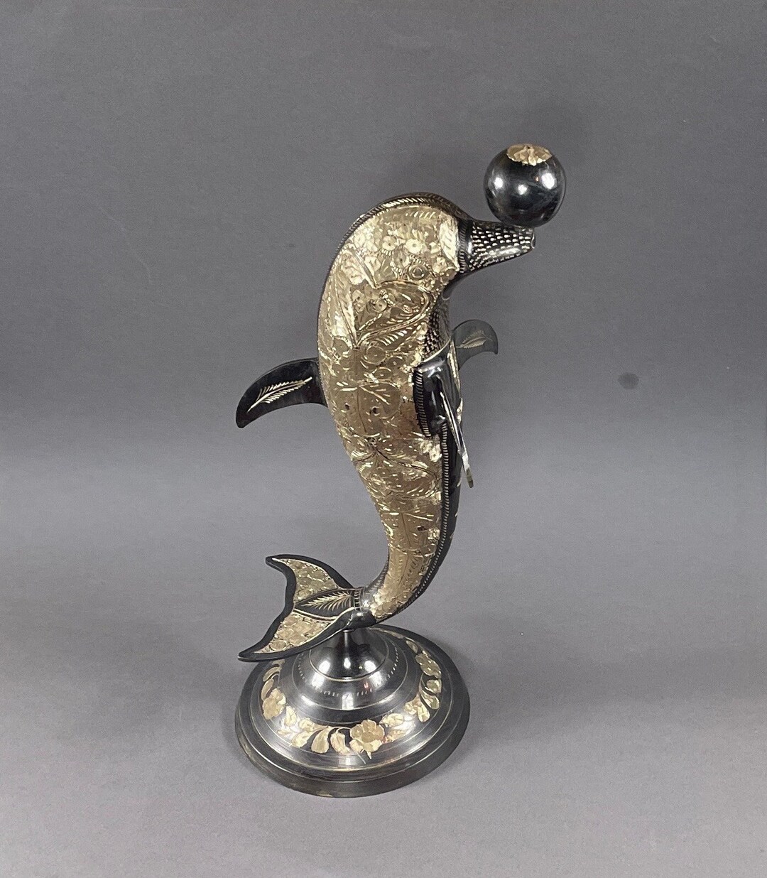 Vintage Brass Sculpture, Brass Dolphin Sculpture, Etched Brass, Dolphin