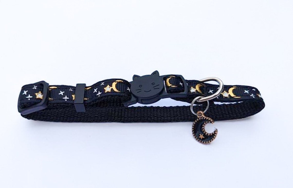 Black Moon Cat Collar with charm gold star and moon witches Etsy