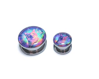 Ginger Space Cat Iridescent Metal Ear Plug / Stretcher / Tunnel