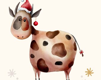 Weihnachten Süße Kuh Digitale Clipart, Sofort Download, druckbar, Einladungskarte, PNG, Geburtstag, BabyParty, Neujahr, Lustige Tiere