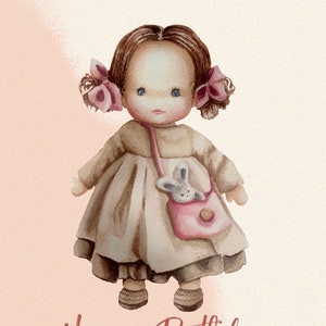 Linda boneca aquarela vintage, clipart digital, download instantâneo, para impressão, cartão de convite, PNG, aniversário, chá de bebê, pintado à mão. Brinquedo