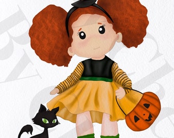 Rote Haare, Mädchen mit schwarzer Katze, Kürbis Digitale Clipart, Sofort Download, druckbar, Invintation Karte, Wanddekoration, PNG, Halloween, Thanksgiving