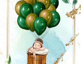 Baby Junge Holz eimer mit Luftballons Digitale Clipart, Sofort Download, druckbar, Einladungskarte, PNG, Geburtstag, BabyParty, Es ist ein Junge