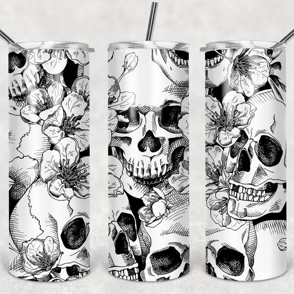 Crânes Noirs et Blancs Tumbler 2 Fichier Png | Halloween Tumbler Png | 20 oz Skinny Tumbler Sublimation | Conception de tumbler png