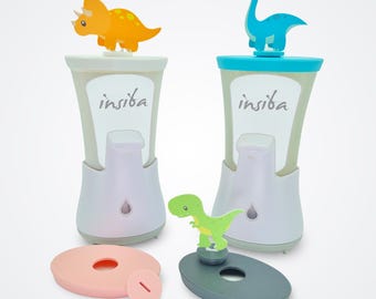Coperchio di ricarica e chiusura a sgancio rapido con figure di dinosauri colorati (T-Rex, dinosauro dal collo lungo, Triceratopo e altri) per dispenser di sapone senza contatto