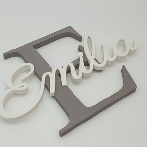 May include: A white wooden name sign with the name "Emilia" in cursive script. The name is attached to a larger gray wooden letter "E".