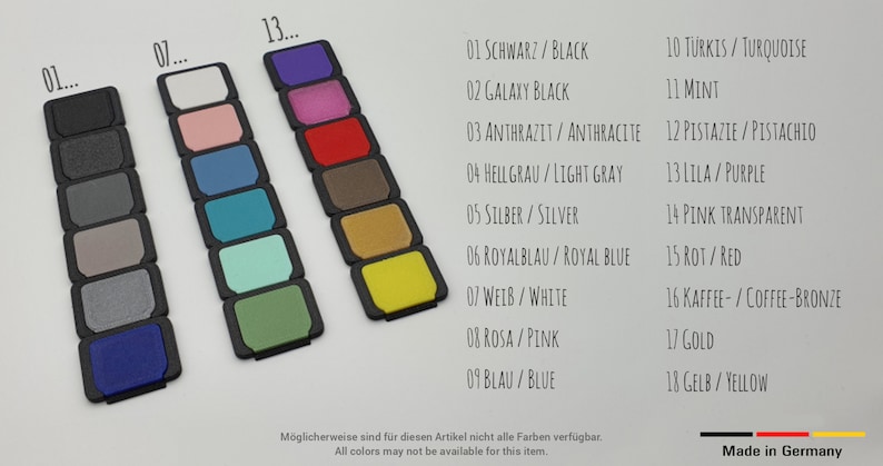 Pode incluir: Uma carta de cores com 18 amostras de cores diferentes, etiquetadas com nomes alem&atilde;es e ingleses. As cores incluem preto, branco, vermelho, azul, verde, amarelo, rosa, turquesa e mais.