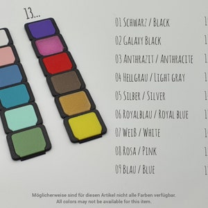 May include: A color chart showing 18 different colors of plastic. The colors are arranged in three columns, with each column labeled with a number. The colors include black, galaxy black, anthracite, light gray, silver, royal blue, white, pink, blue, turquoise, mint, pistachio, purple, pink transparent, red, coffee-bronze, gold, and yellow.