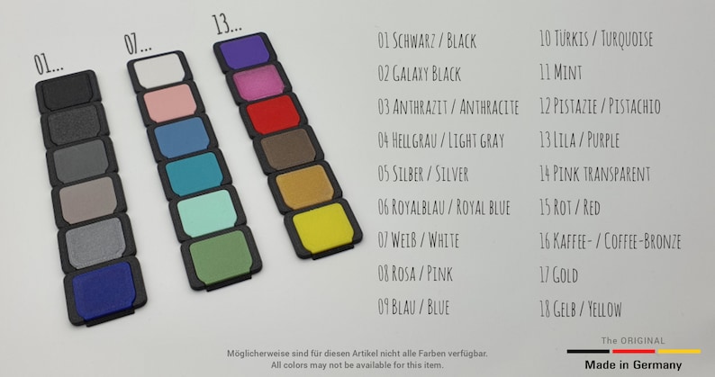 May include: A color chart showing 18 different colors of plastic. The colors are arranged in three columns, with each column labeled with a number. The colors include black, galaxy black, anthracite, light gray, silver, royal blue, white, pink, blue, turquoise, mint, pistachio, purple, pink transparent, red, coffee-bronze, gold, and yellow.