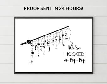 Hooked on Daddy Sign | Custom Father&#39;s Day Gift | Fishing Pole with Kids Names | Fishing Gifts for Dad | Outdoors Gifts for Fathers