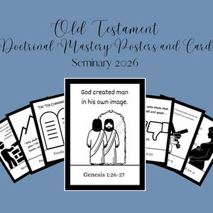 Op de afbeelding: Een verzameling zwart-witte posters en kaarten voor doctrinaire meesterschap voor het seminarie van 2026. De centrale kaart luidt: "God schiep de mens naar zijn eigen beeld." Andere kaarten tonen illustraties en tekst uit het Oude Testament.