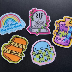 May include: Ten colourful stickers with humorous sayings. The stickers feature a rainbow, a tombstone, a hot water bottle, a chicken nugget, and a blue cartoon character. The text on the stickers includes "I will finish this sketchbook", "RIP My Executive Function", "Emotional Support Hot Water Bottle", "Nuggs Not Drugs", and "Don't Yell At Me I'll Cry".