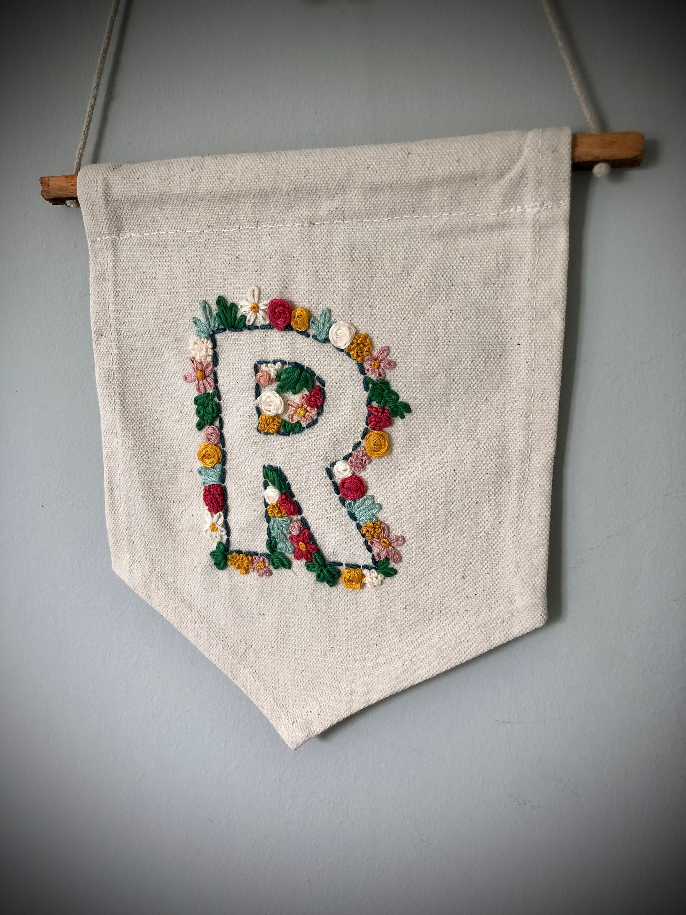 Hand Embroidered Hanging Canvas Banner With Initial Etsy