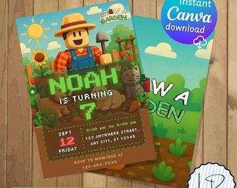 Bewerkbare Roblox Grow a Garden verjaardagsuitnodiging met video, boerderijcanva-sjabloon, op Roblox geïnspireerde Evite, Garden Game Bday, digitale download