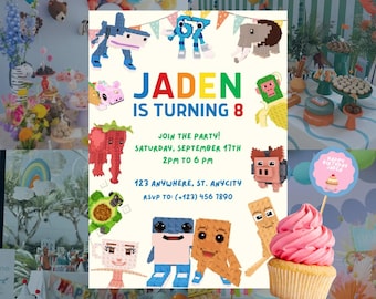 Invito alla festa di compleanno Roblox modificabile "Steal a Brainrot" con video, gioco italiano per bambini Brainrot, modello Canva stampabile, decorazioni per cupcake