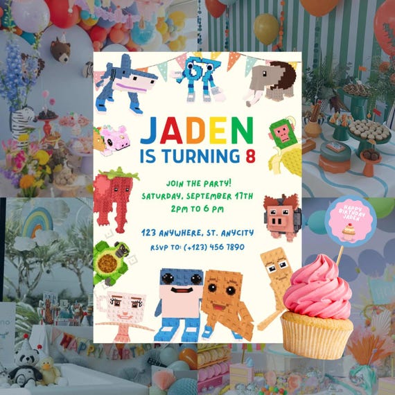 Editable Roblox Steal a Brainrot Birthday Party Invitation with Video, Italian Brainrot Kids Game, Printable Canva Template, Cupcake Toppers