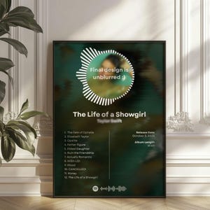 以下が含まれることがあります： 暗い緑色の背景の額入りポスターには、Taylor Swiftの「The Life of a Showgirl」というテキストが表示されています。ポスターには、トラックリスト、リリース日、アルバムの長さが含まれています。「Final design is unblurred :)」というテキストが入った白い円形デザインが上部にあります。